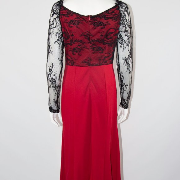 Full length Red Black Floral Lace Dress Gown Dress Formal Evening Medium - Picture 7 of 9
